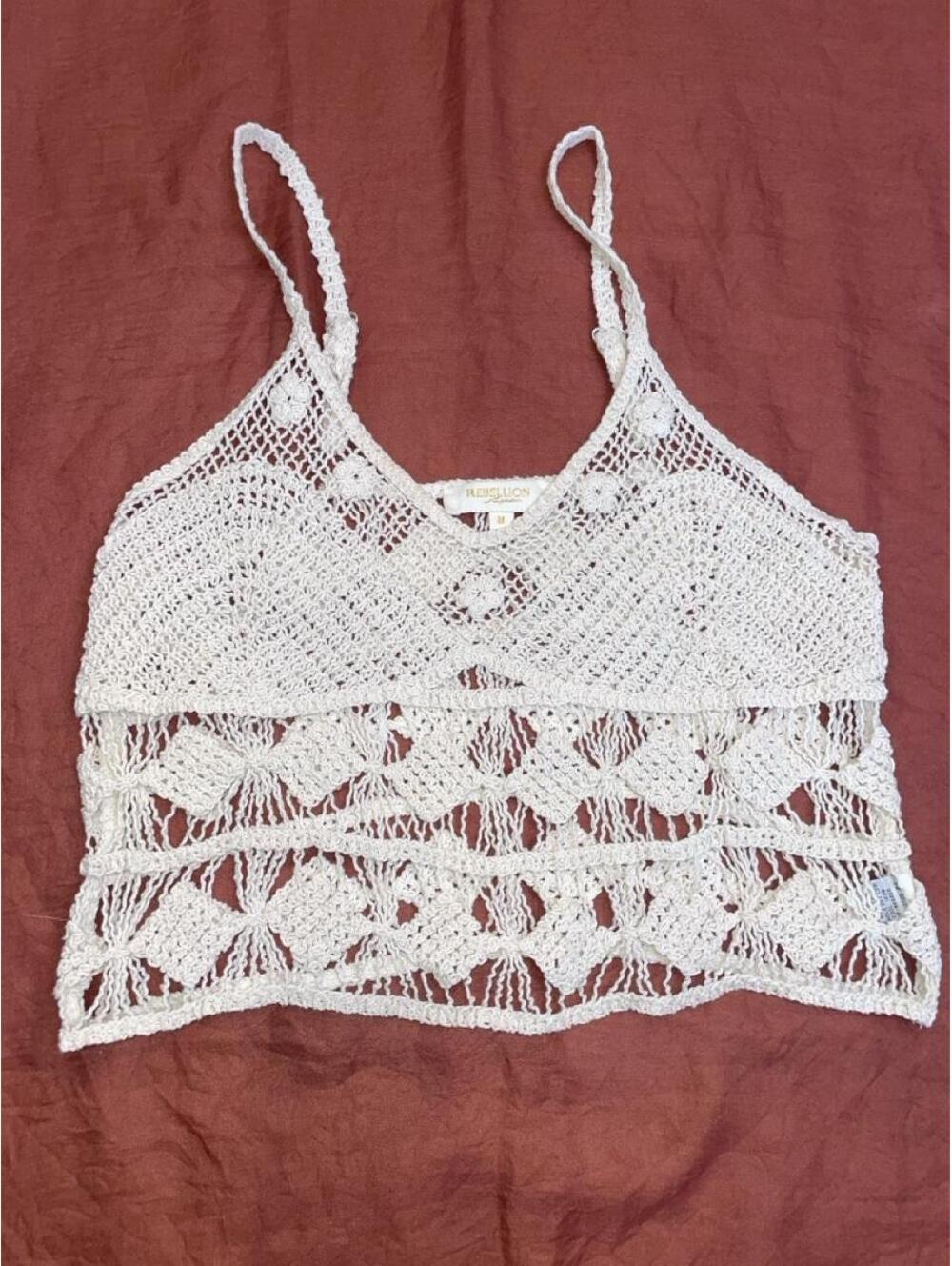 Rebellion White Crochet Cotton Crop Top with Floral and Geometric Patterns